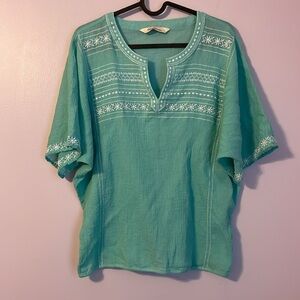 Margaritaville Teal Blue Embroidered Dolman Sleeve Blouse size M
